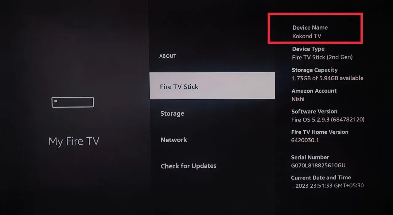 Selection of fire tv Stick name